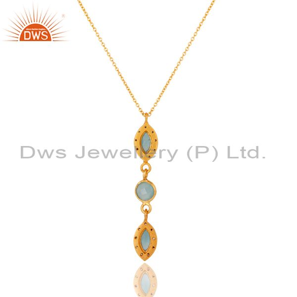 Exporter Blue Chalcedony and CZ Gemstone Pendant In Gold Plated Over Sterling Silver