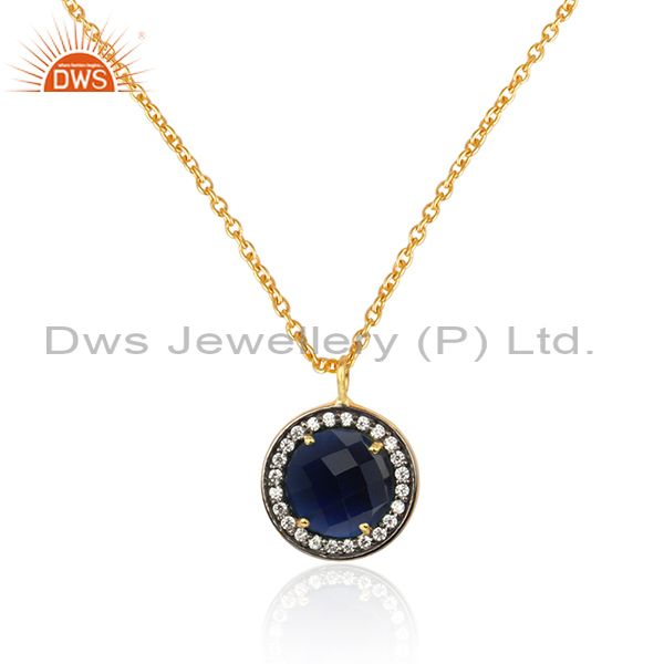 Exporter 18k Gold Over Silver Blue Corundum Checkerboard Gemstone & CZ Pendant Necklace