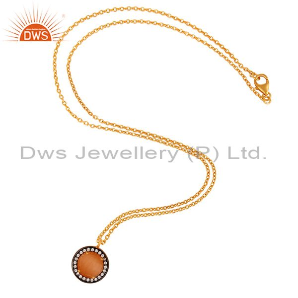 Exporter 24K Gold Plated Peach Moonstone 925 Sterling Silver Pendant Necklace With CZ