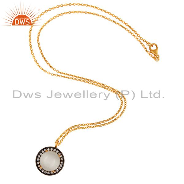 Exporter 18K Gold Over 925 Silver White Moonstone & White Zircon Pendant With 16" Chain