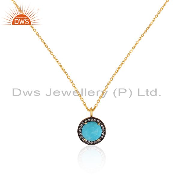 Exporter 18K Yellow Gold Plated Sterling Silver Turquoise And CZ Pendant With 16" Chain