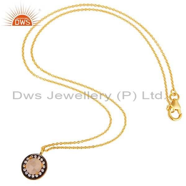 Exporter 18K Gold Plated Sterling Silver Rose Chalcedony And CZ Pendant With 16" In Chain
