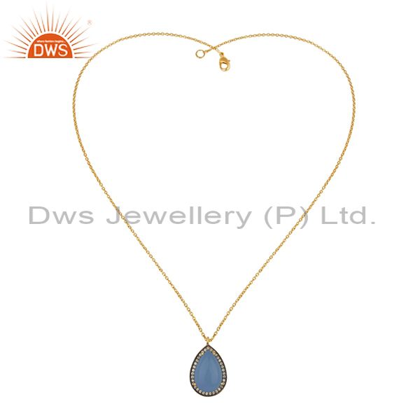Suppliers 18K Gold Plated 925 Sterling Silver Blue Chalcedony Gemstone Pendant With Chain