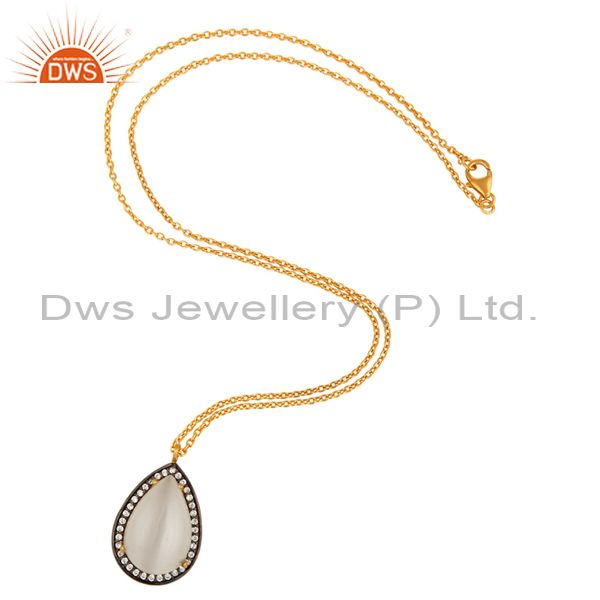 Exporter White Moonstone And Cubic Zirconia Fashion Drop Pendant In 18K Gold Over Silver