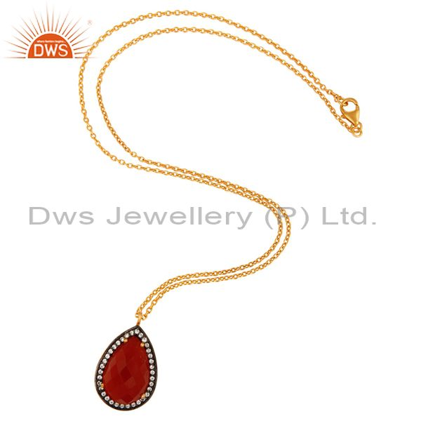 Suppliers 18K Gold Plated Sterling Silver Natural Red Onyx Gemstone Drop Pendant With CZ