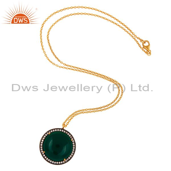 Exporter 18K Gold On 925 Sterling Silver Green Onyx Gemstone Designer Pendant With Chain
