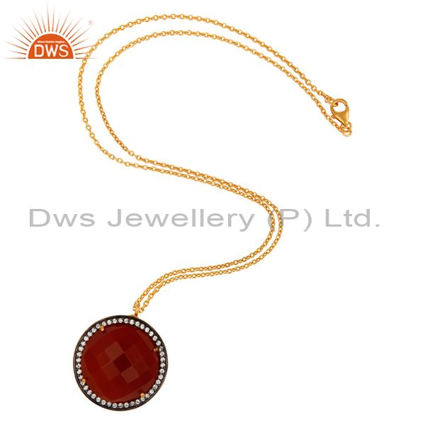 Exporter Gold Plated 925 Silver Faceted Red Onyx & CZ Designer Fashion Pendant With CZ