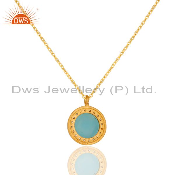 Exporter 18K Gold Plated Sterling Silver Blue Chalcedony And CZ Pendant With 16" In Chain