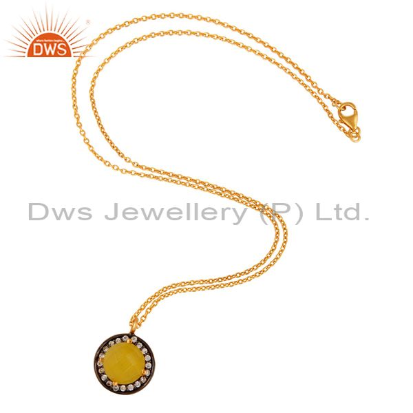 Exporter 22K Gold Plated 925 Sterling Silver Pave CZ & Yellow Moonstone Pendant Chain