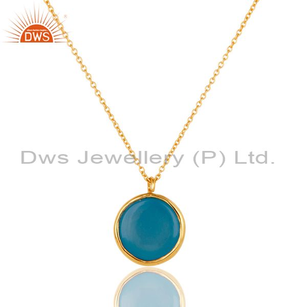 Exporter Dyed Blue Chalcedony Gemstone Sterling Silver Pendant With Chain - Gold Plated