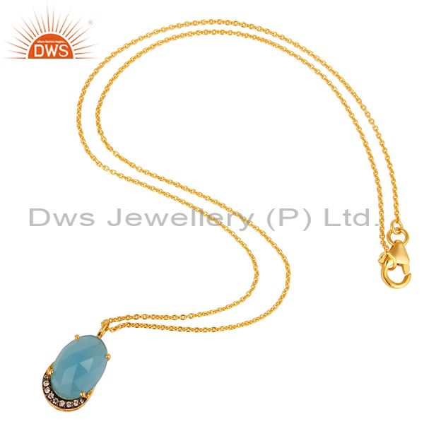 Exporter 14K Gold Plated Sterling Silver Blue Chalcedony Designer Pendant With Chain