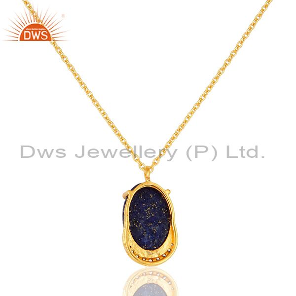 Exporter 18K Yellow Gold Plated Sterling Silver Lapis Lazuli And CZ Pendant With Chain