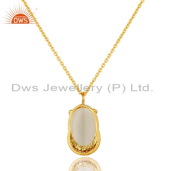 Exporter 14K Gold Plated Sterling Silver Prong Set White Moonstone And CZ Pendant Chain