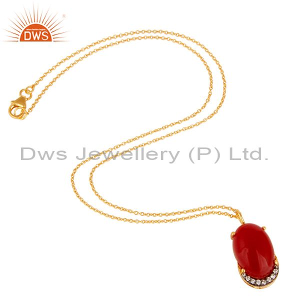 Suppliers 18K Yellow Gold Plated Sterling Silver Red Aventurine And CZ Pendant With Chain