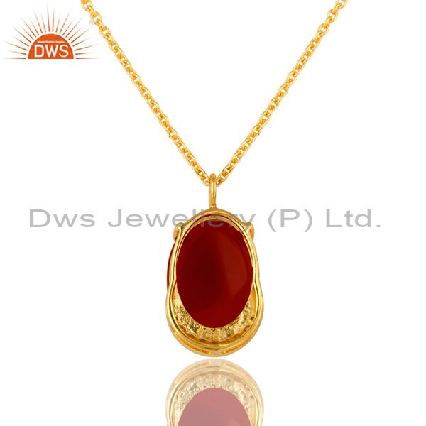 Exporter 18K Gold Over Sterling Silver CZ & Red Onyx Gemstone Pendant With Chain