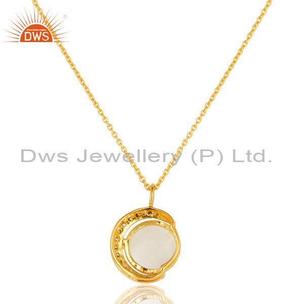 Exporter White Moonstone And CZ 18K Gold on Sterling Silver Crescent Moon Pendant Chain