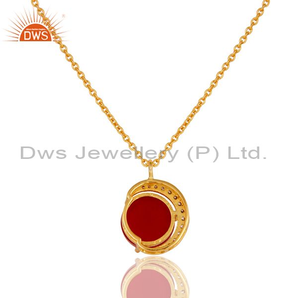 Exporter 22K Yellow Gold Plated Sterling Silver Red Aventurine And CZ Pendant Necklace