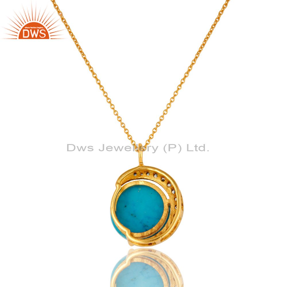 Suppliers 14K Gold Plated Sterling Silver CZ And Turquoise HAlf Moon Pendant With Chain