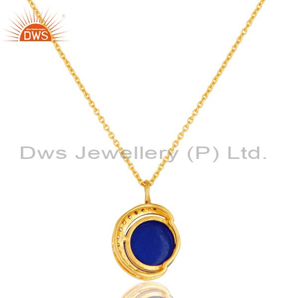 Exporter 18K Gold On Sterling Silver Blue Aventurine And CZ Half Moon Pendant With Chain