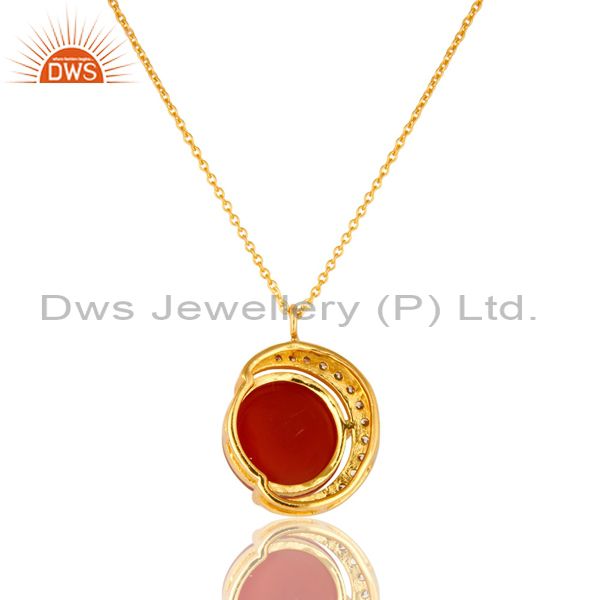 Suppliers 18K Yellow Gold Plated Sterling Silver Red Onyx And CZ Half Moon Pendant Chain