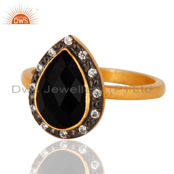 Exporter 925 Sterling Silver Black Onyx Gemstone 22K Gold Plated Ring With Zircon