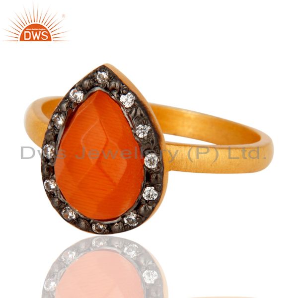 Exporter Handmade 22K Gold Plated Sterling Silver Peach Moonstone Ring With CZ