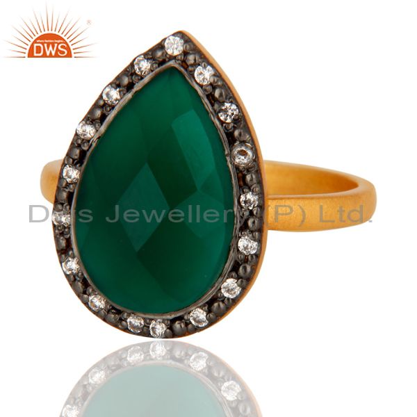 Exporter Handmade 18k Gold Plated Sterling Silver Green Onyx Gemstone Ring With CZ