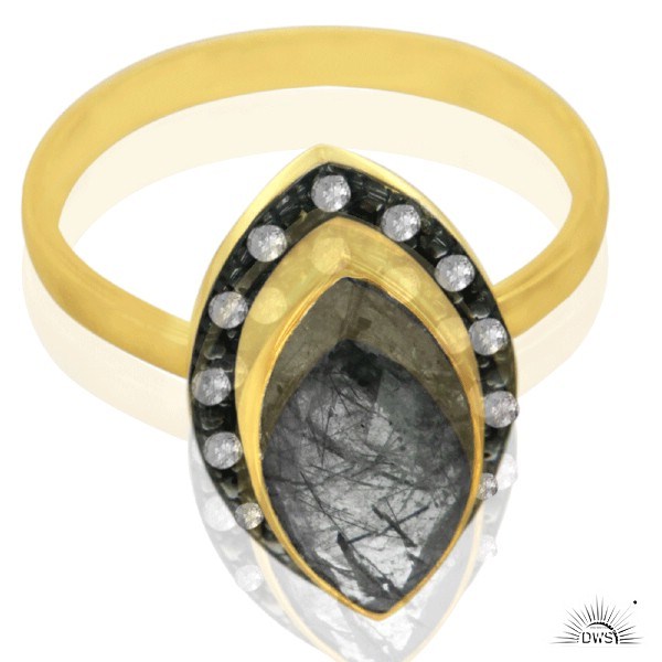 Exporter 18K Gold Plated 925 Sterling Silver Tourmalated Quartz Ring With Topaz White