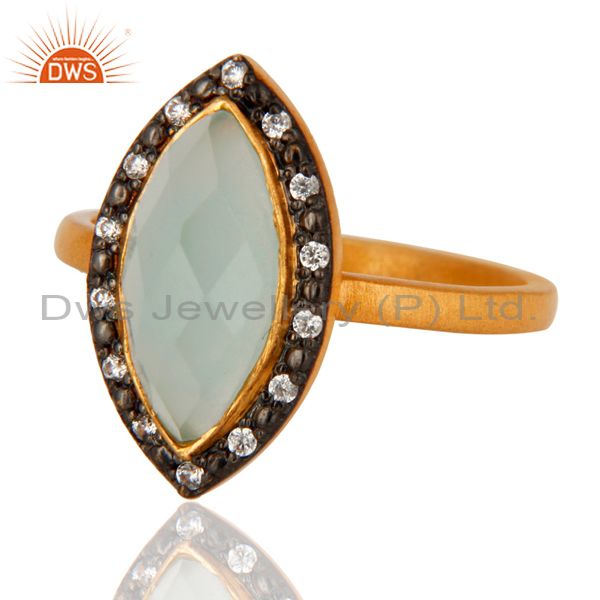 Exporter 18K Yellow Gold Plated Sterling Silver Gemstone Ring With Blue Aqua Glass & CZ