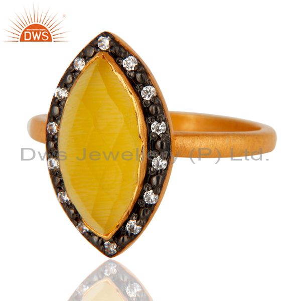 Exporter 22K Gold Plated 925 Sterling Silver Yellow Moonstone & CZ Designer Ring