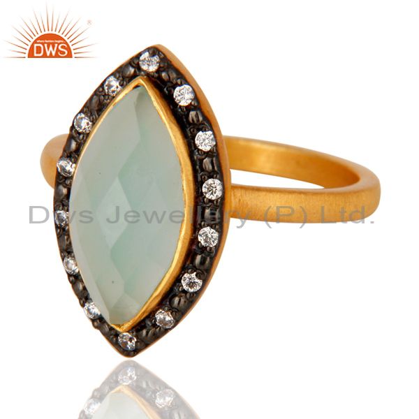 Wholesalers 925 Sterling Silver Handmade Gold Plated Aqua Glass Gemstone Ring With CZ