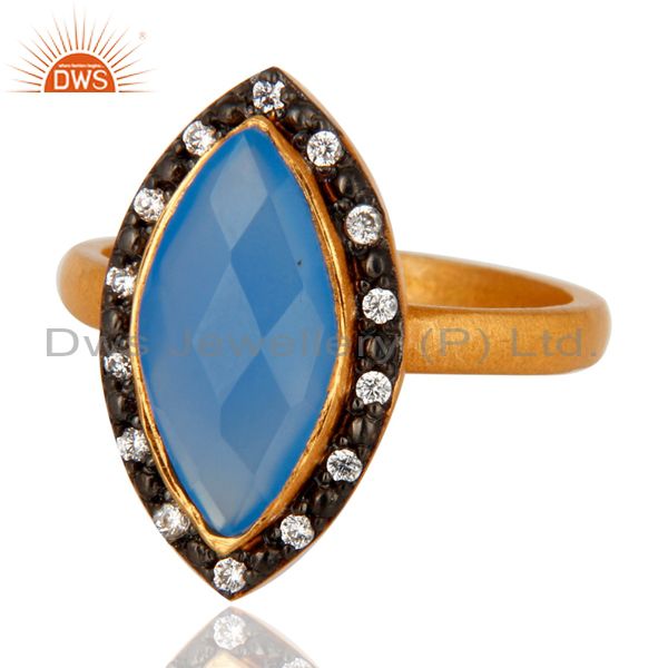 Exporter 18K Gold Plated 925 Sterling Silver Faceted Aqua Blue Chalcedony Gemstone Ring