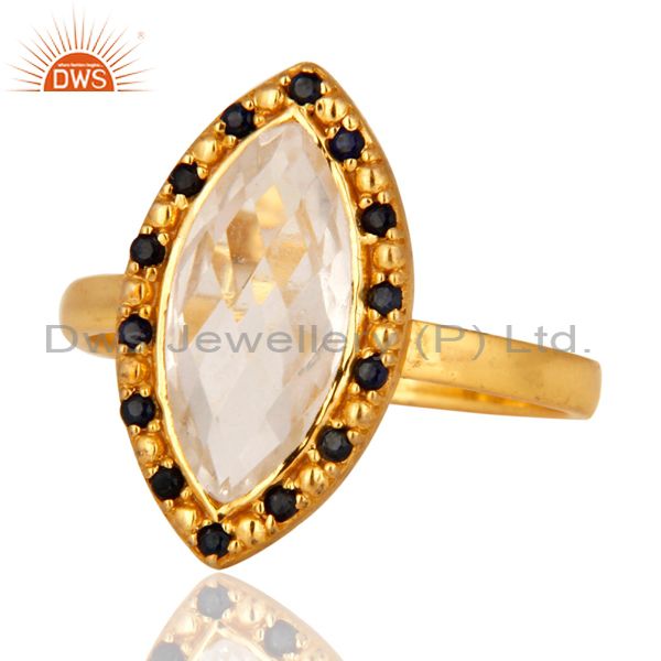 Exporter Solid 925 Sterling Silver Blue Sapphire & Crystal Quartz Gold Plated Ring Size 8