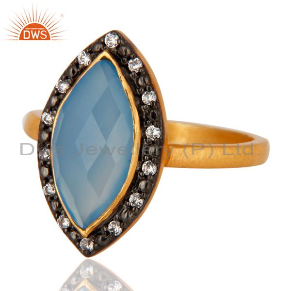 Exporter Designer Gold Plated Sterling Silver Blue Chalcedony Gemstone Ring With cz
