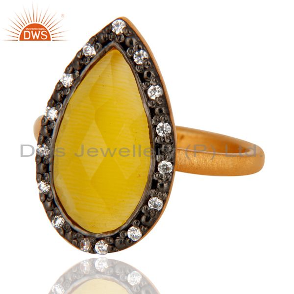 Exporter 14k Gold Plated Yellow Moonstone 925 Sterling Silver Gemstone Ring With Pave CZ