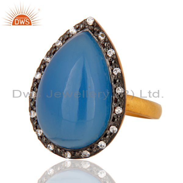 Exporter Handmade Aqua Blue Chalcedony Gemstone Gold Plated Sterling Silver Ring With CZ