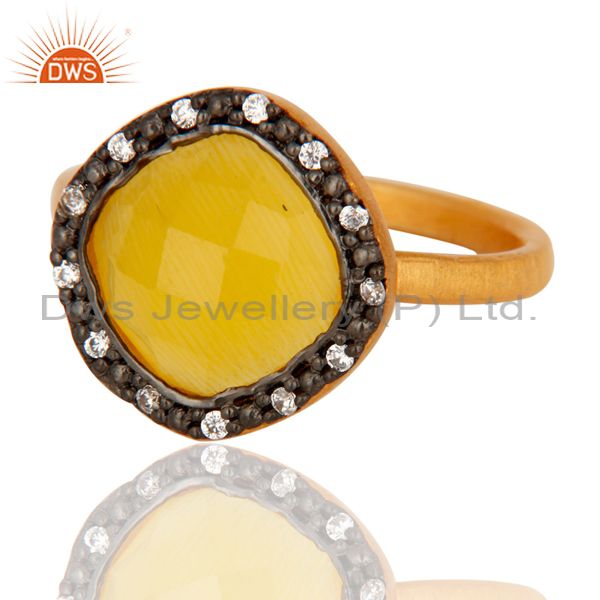 Exporter 18K Gold Plated Sterling Silver Yellow Moonstone Gemstone & White Zircon Ring