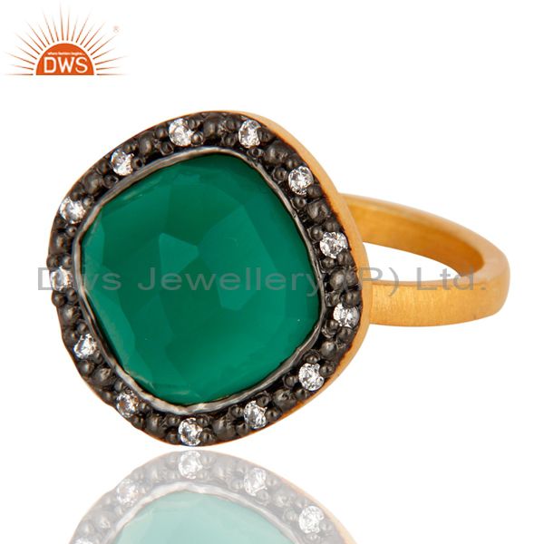 Exporter Green Onyx Gemstone 22K Yellow Gold Plated 925 Sterling Silver Ring With CZ