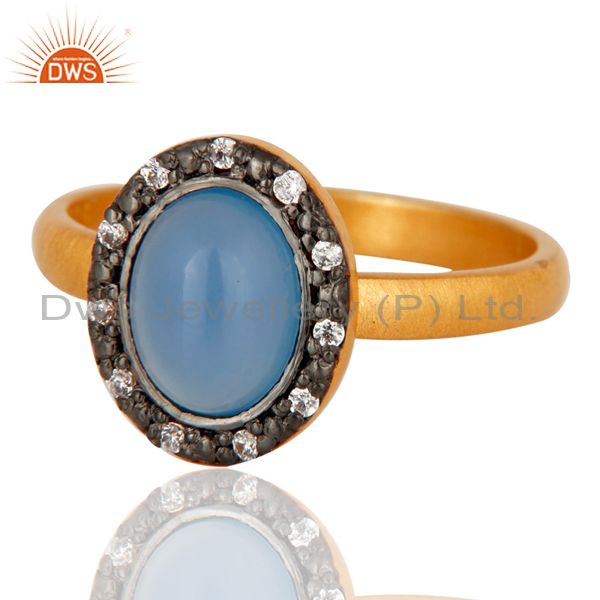 Exporter Natural Blue Chalcedony Gemstone 925 Sterling Silver Ring With 18K Gold Plated