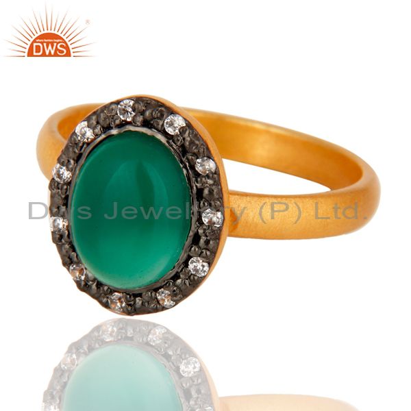 Exporter 18K Yellow Gold Plated 925 Sterling Silver Green Onyx Gemstone Ring With CZ