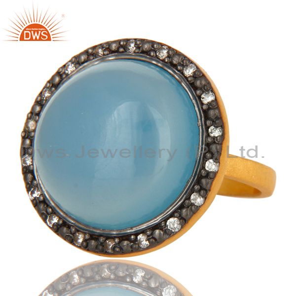 Exporter 18K Yellow Gold Plated Sterling Silver Blue Chalcedony Cocktail Ring With CZ