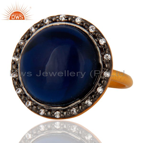 Exporter 18K Gold Plated Sterling Silver Blue Corundum Gemstone Designer Ring With CZ