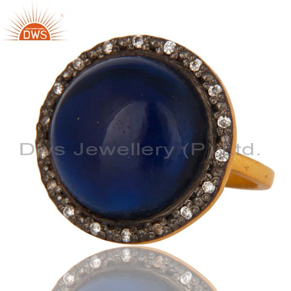 Exporter 18K Yellow Gold Plated Sterling Silver Blue Corundum Cocktail Ring With CZ