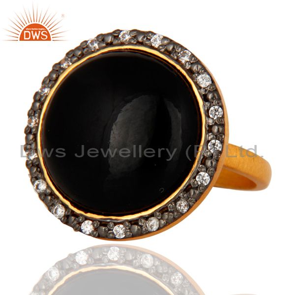 Exporter 24K Gold Plated Sterling Silver Black Onyx Gemstone Handmade Designer Ring W/ CZ