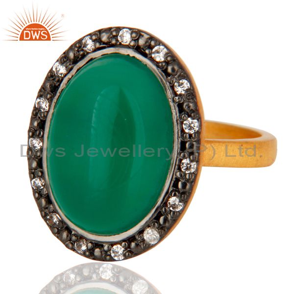 Exporter Handmade Green Onyx Cabochon Gemstone 925 Sterling Silver 24k Gold Plated Ring