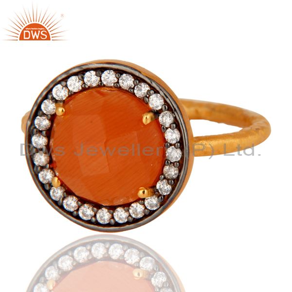 Exporter 22K Yellow Gold Plated 925 Sterling Silver Peach Moonstone And White Zircon Ring
