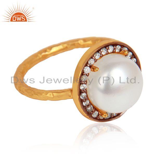 Natural pearl gemstone cz gold plated designer 925 silver rings