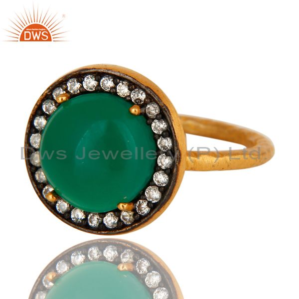 Exporter 18K Yellow Gold Plated Sterling Silver Green Onyx And CZ Hammered Band Ring