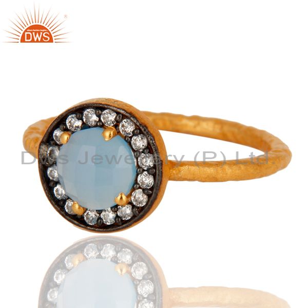 Exporter Gold Plated 925 Sterling Silver Blue Chalcedony Gemstone Stacking Ring With CZ