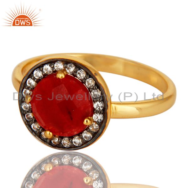 Exporter 18K Yellow Gold Plated Sterling Silver Red Aventurine Stackable Ring With CZ